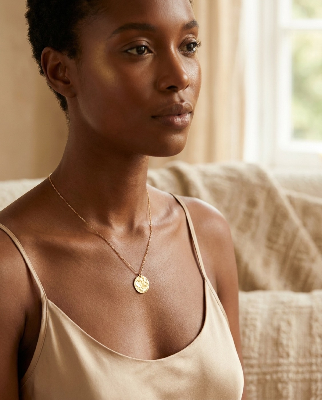 Handcrafted gold pendant necklace worn by a client