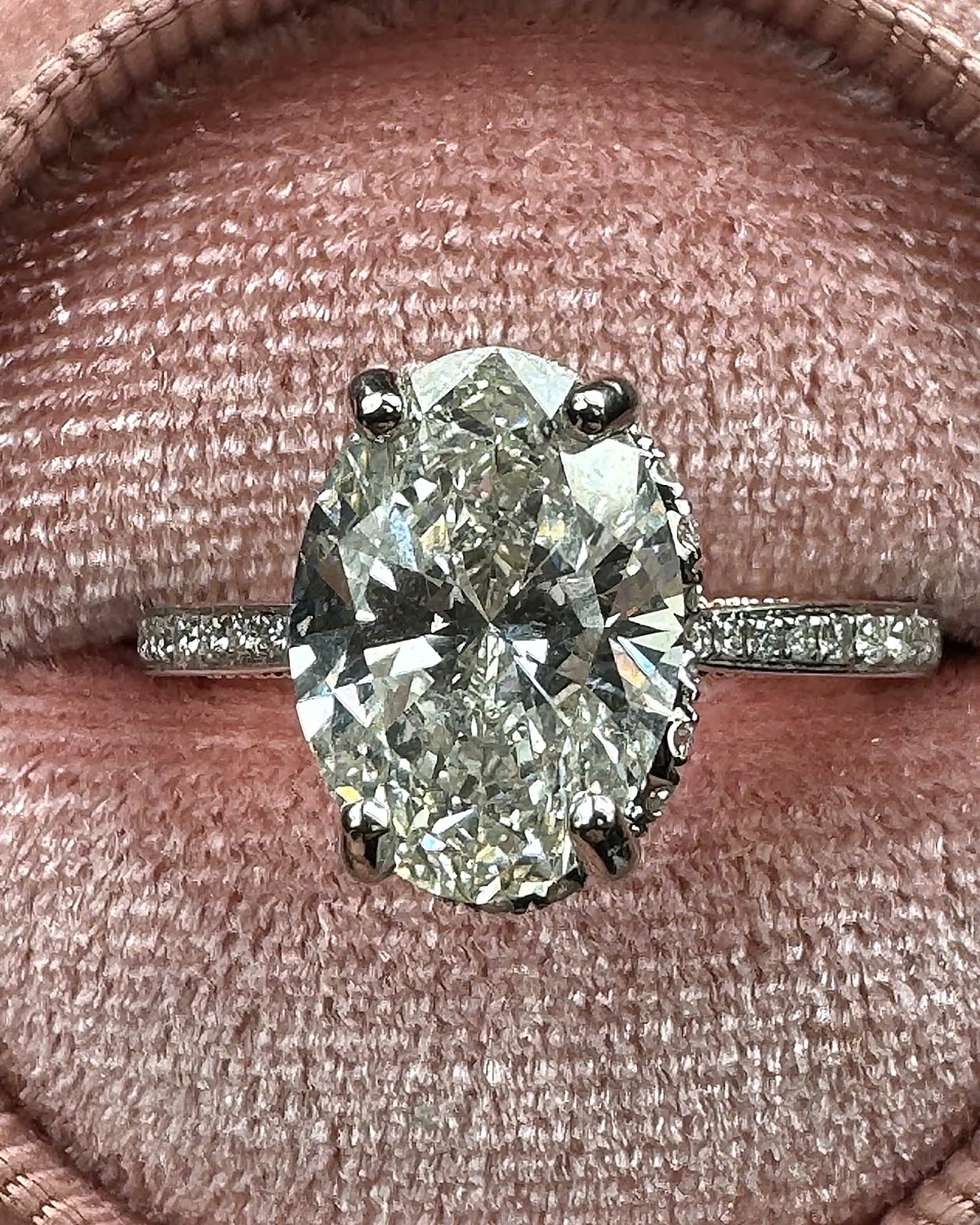 Oval solitaire, pavé shoulders